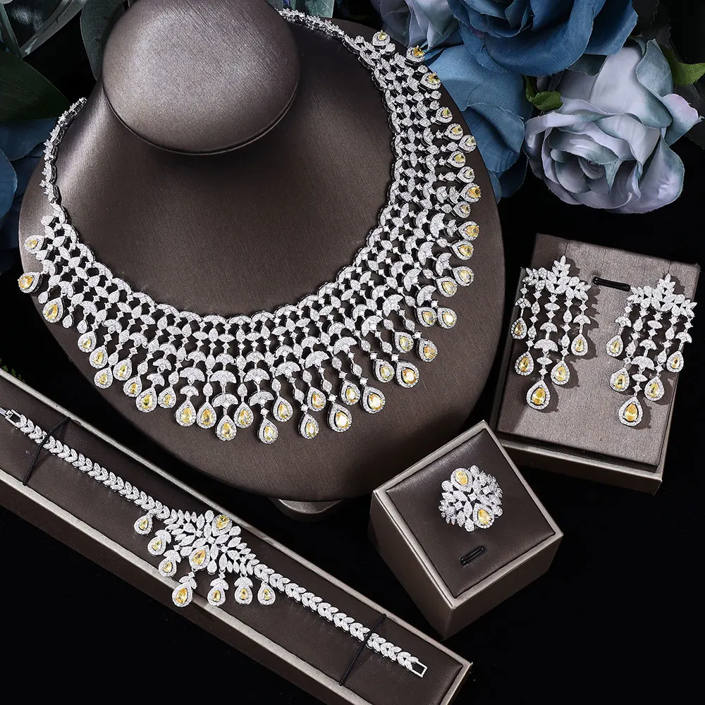 Luxury Women's Jewelry Elegant Shape Bride CZ Necklace Earrings Bracelet Ring Set of 4 Bridal Wedding Jewelry Sets