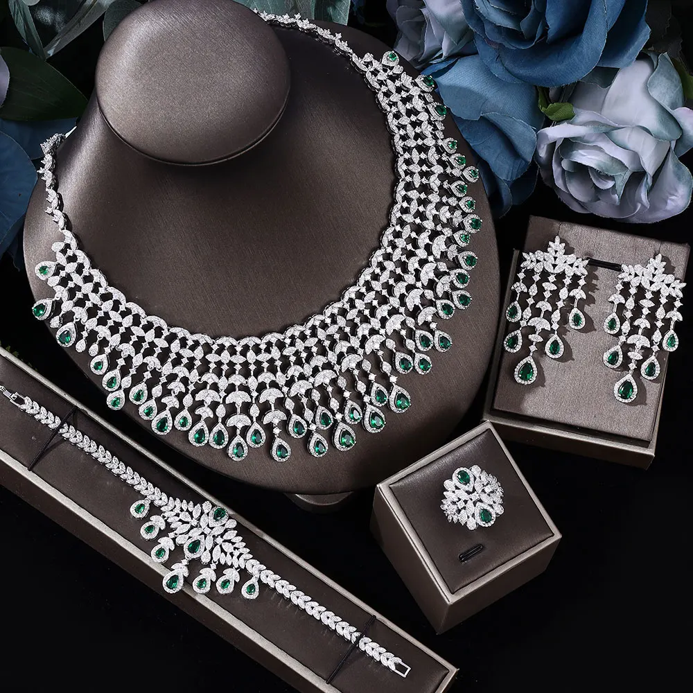 Luxury Women's Jewelry Elegant Shape Bride CZ Necklace Earrings Bracelet Ring Set of 4 Bridal Wedding Jewelry Sets