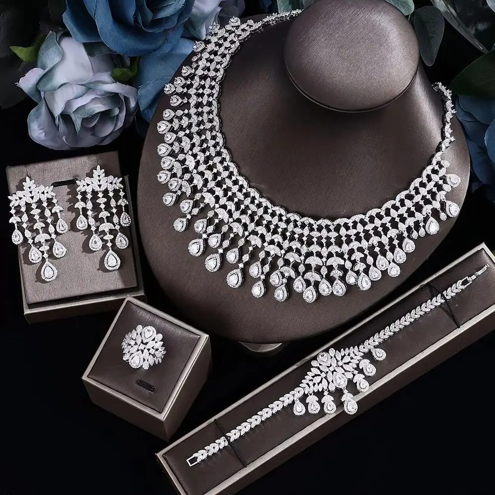 Luxury Women's Jewelry Elegant Shape Bride CZ Necklace Earrings Bracelet Ring Set of 4 Bridal Wedding Jewelry Sets