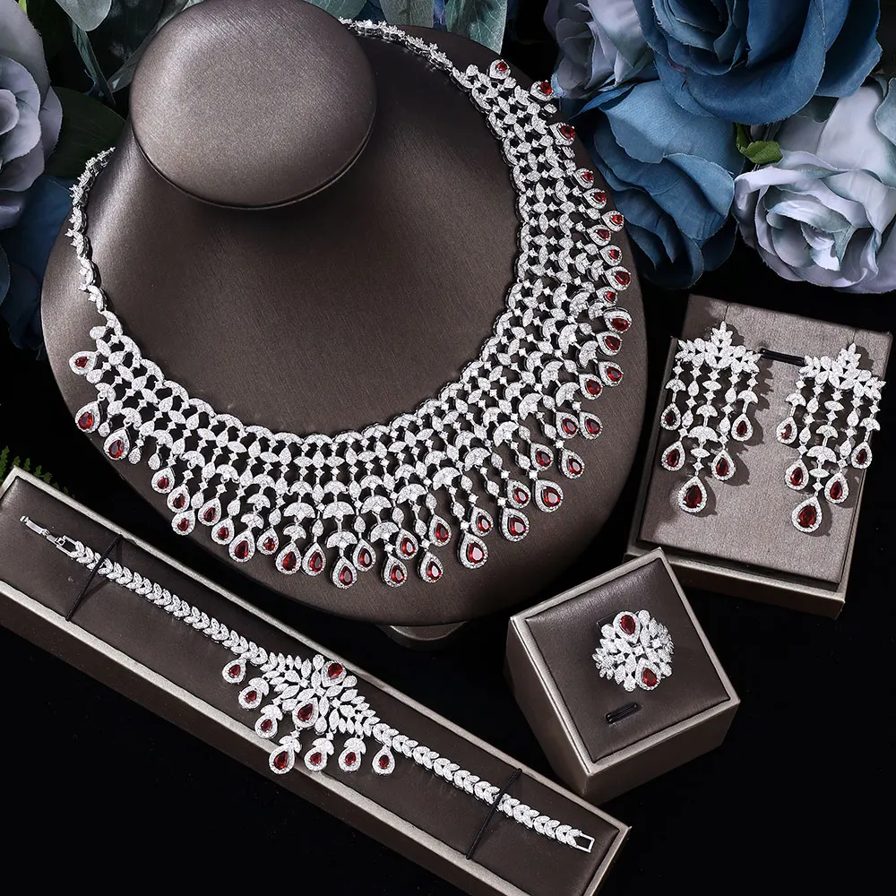 Luxury Women's Jewelry Elegant Shape Bride CZ Necklace Earrings Bracelet Ring Set of 4 Bridal Wedding Jewelry Sets