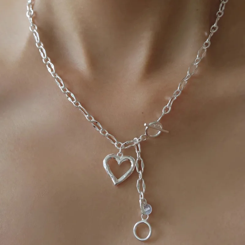 925 Sterling Silver Love Heart Asymmetry Necklace Hip Hop Street Jewelry Birthday Gift Wholesale Dropship