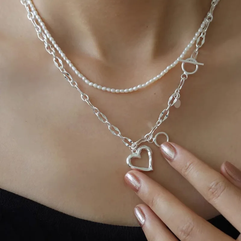 925 Sterling Silver Love Heart Asymmetry Necklace Hip Hop Street Jewelry Birthday Gift Wholesale Dropship