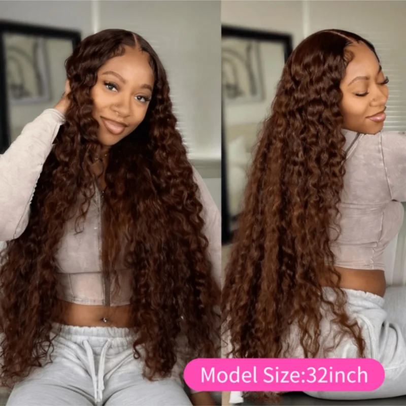 Chocolate Brown Deep Wave 13x4 HD Lace Frontal Wigs Human Hair Transparent Pre Plucked 250% Density Water Wave Lace Frontal Wigs