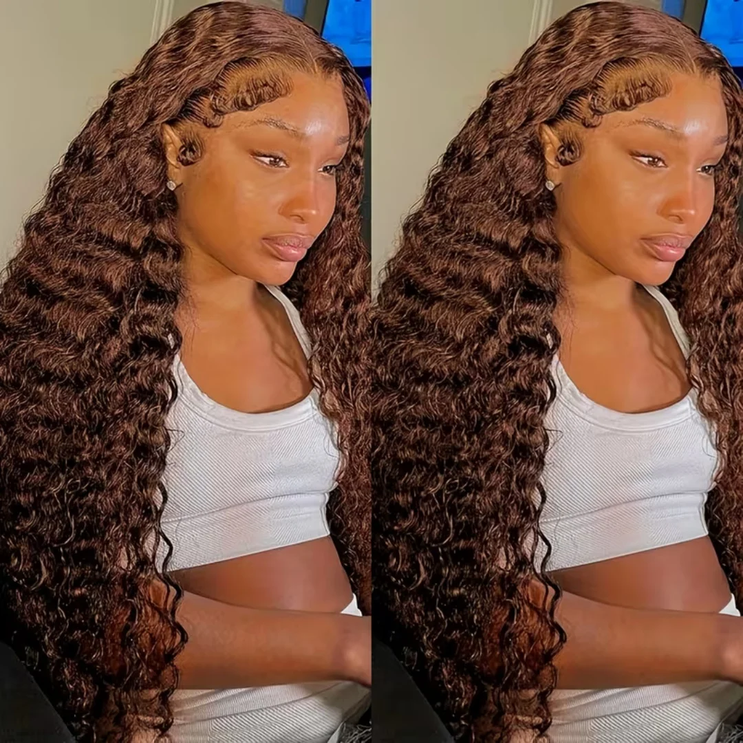 Chocolate Brown Deep Wave 13x4 HD Lace Frontal Wigs Human Hair Transparent Pre Plucked 250% Density Water Wave Lace Frontal Wigs