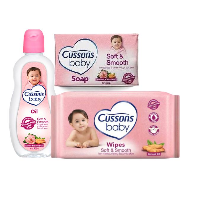 Cussons Baby Oil Soft & Smooth 100ml, Soft & Smooth Wipes 80pcs & Soft & Smooth Soap 100g