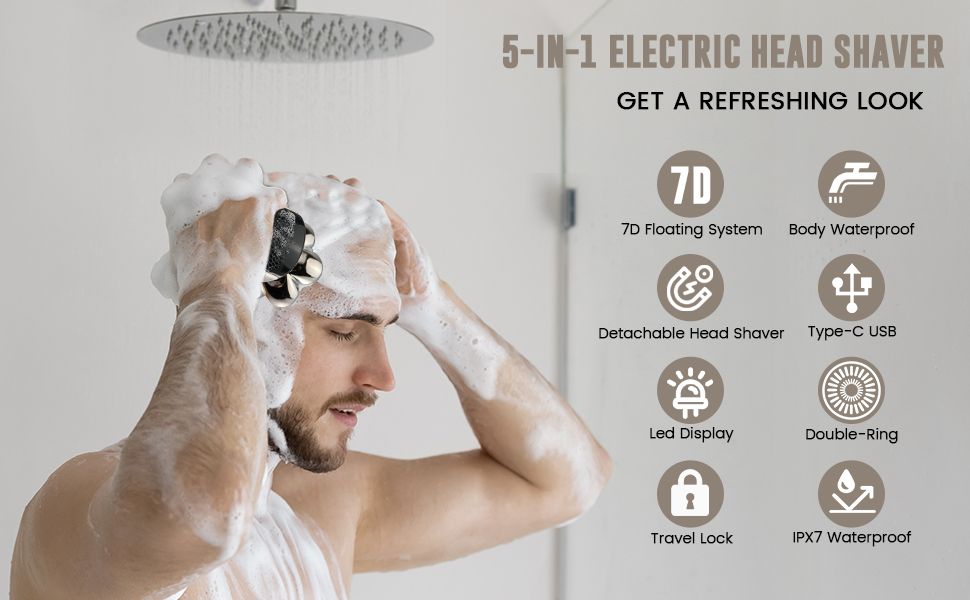 Men's Electric Bald Razor 5-in-1 Bald Men's Head Shaver IPX7 Waterproof with 7 Rotating Shaver Heads Nose Hair Sideburn Trimmer Type C Rechargeable Grooming Set