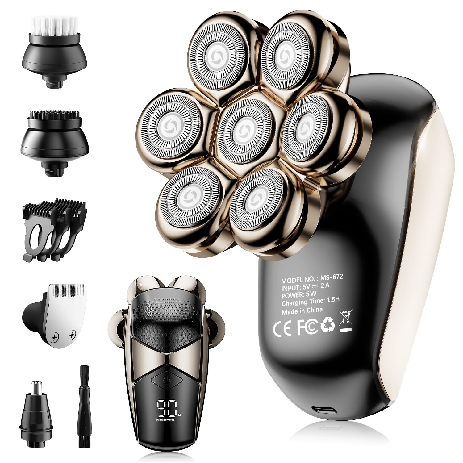 Men's Electric Bald Razor 5-in-1 Bald Men's Head Shaver IPX7 Waterproof with 7 Rotating Shaver Heads Nose Hair Sideburn Trimmer Type C Rechargeable Grooming Set