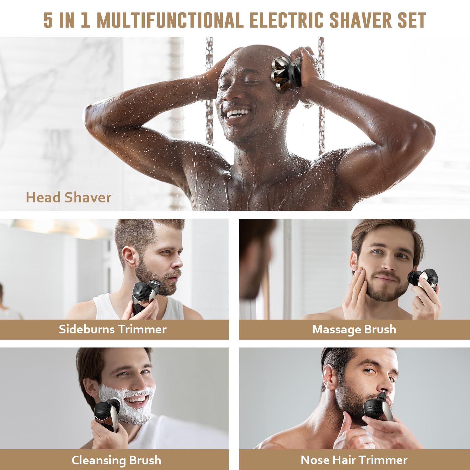 Men's Electric Bald Razor 5-in-1 Bald Men's Head Shaver IPX7 Waterproof with 7 Rotating Shaver Heads Nose Hair Sideburn Trimmer Type C Rechargeable Grooming Set