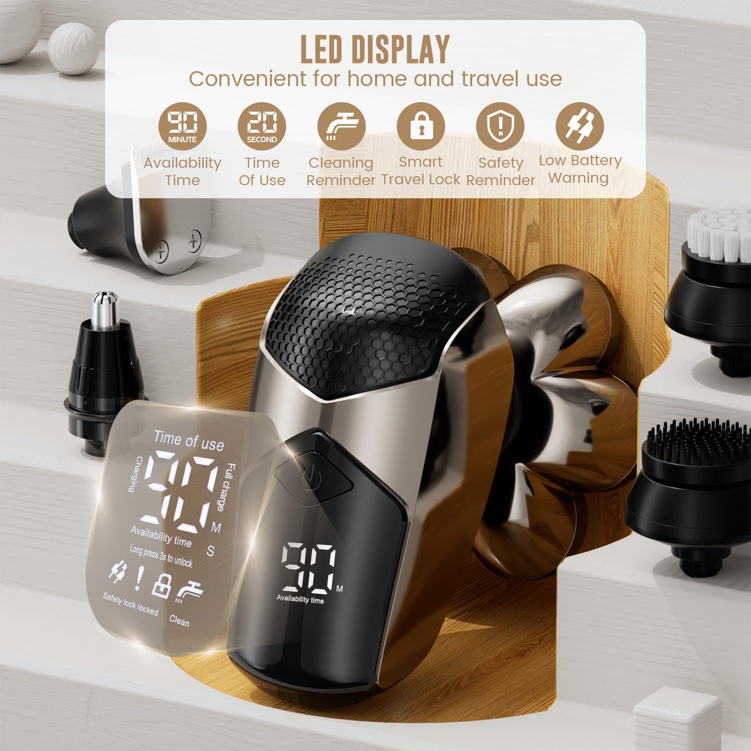 Men's Electric Bald Razor 5-in-1 Bald Men's Head Shaver IPX7 Waterproof with 7 Rotating Shaver Heads Nose Hair Sideburn Trimmer Type C Rechargeable Grooming Set