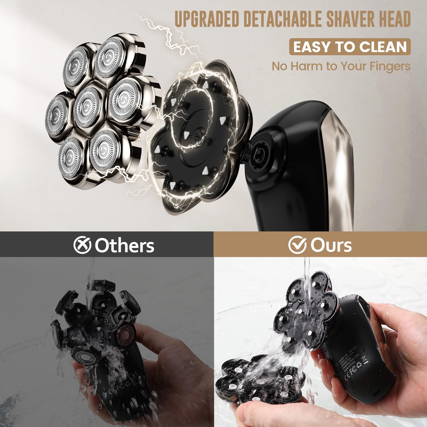 Men's Electric Bald Razor 5-in-1 Bald Men's Head Shaver IPX7 Waterproof with 7 Rotating Shaver Heads Nose Hair Sideburn Trimmer Type C Rechargeable Grooming Set