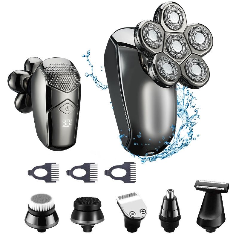 Men's Electric Bald Razor 5-in-1 Bald Men's Head Shaver IPX7 Waterproof with 7 Rotating Shaver Heads Nose Hair Sideburn Trimmer Type C Rechargeable Grooming Set