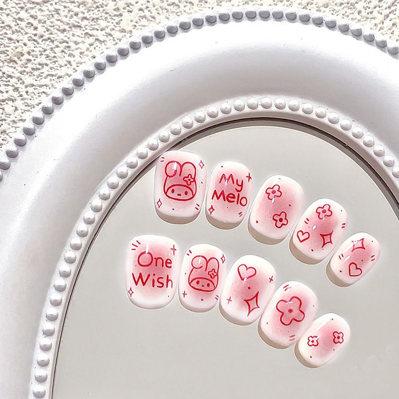 24PCS/Box Bunny Nail Art Wearable Nails Rabbit Pattern Short Square Designer Fashion Design French Style Full Covering Pressed Fake Nails Available for pregnant women
