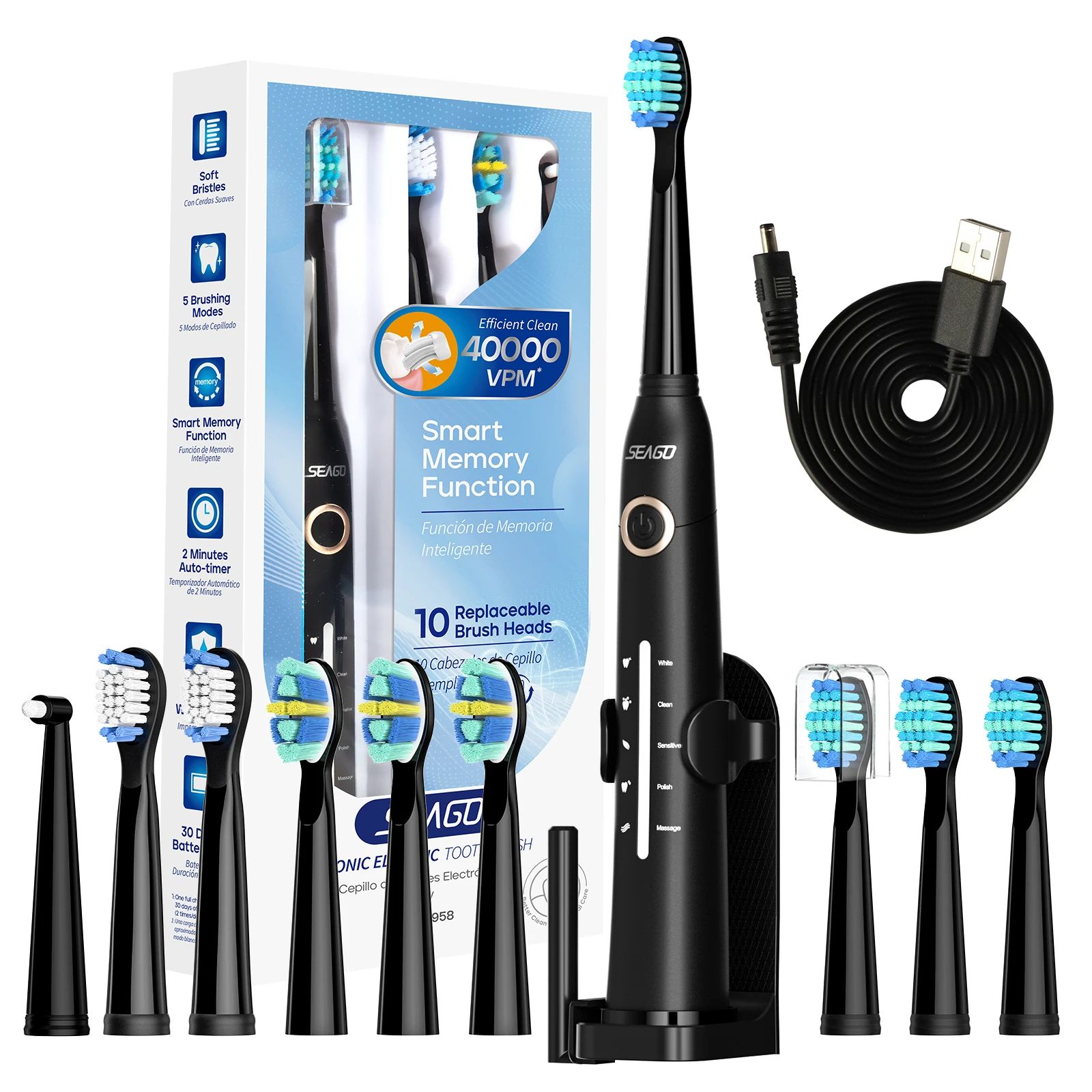 Sonic Electric Toothbrush Tooth brush USB Rechargeable Adult Ultrasonic Teeth Cleaning 10 Replacement Toothbrush Heads