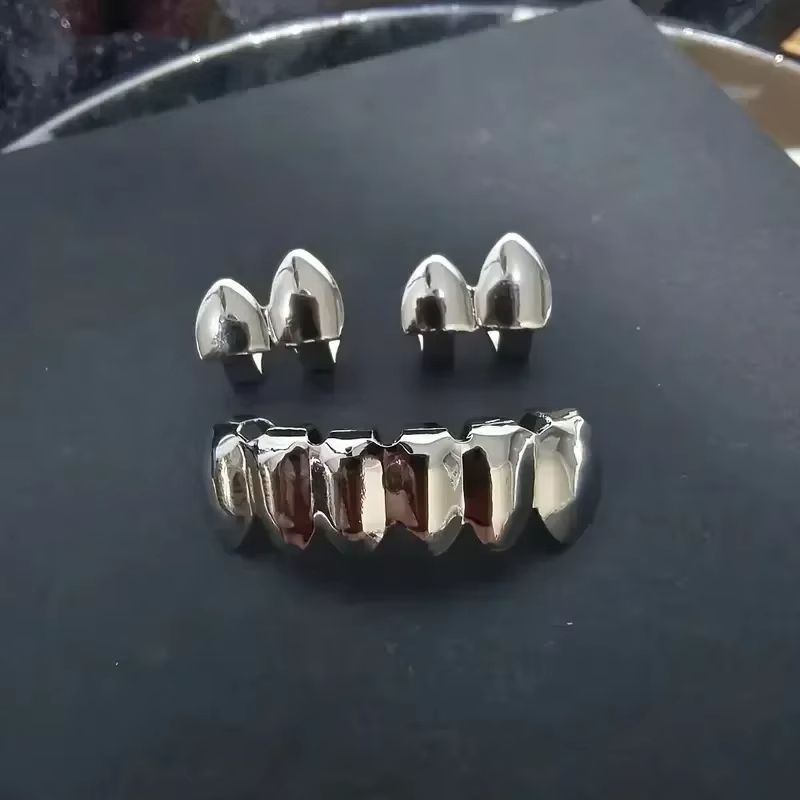 3CPS/Set Gold Silver-Plated Hip Hop Teeth for Mouth Grillz Caps Top&Bottom Grill Set Vampire Teeth for Halloween Party Sets