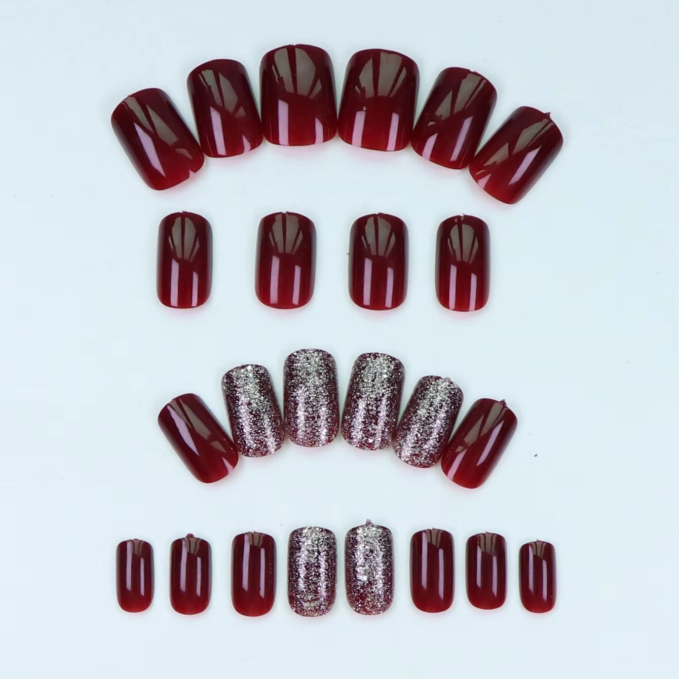 24PCS- wine red square fake nails, silver glitter inlay, exquisite elegance, fashion generous, suitable for dating, dinner