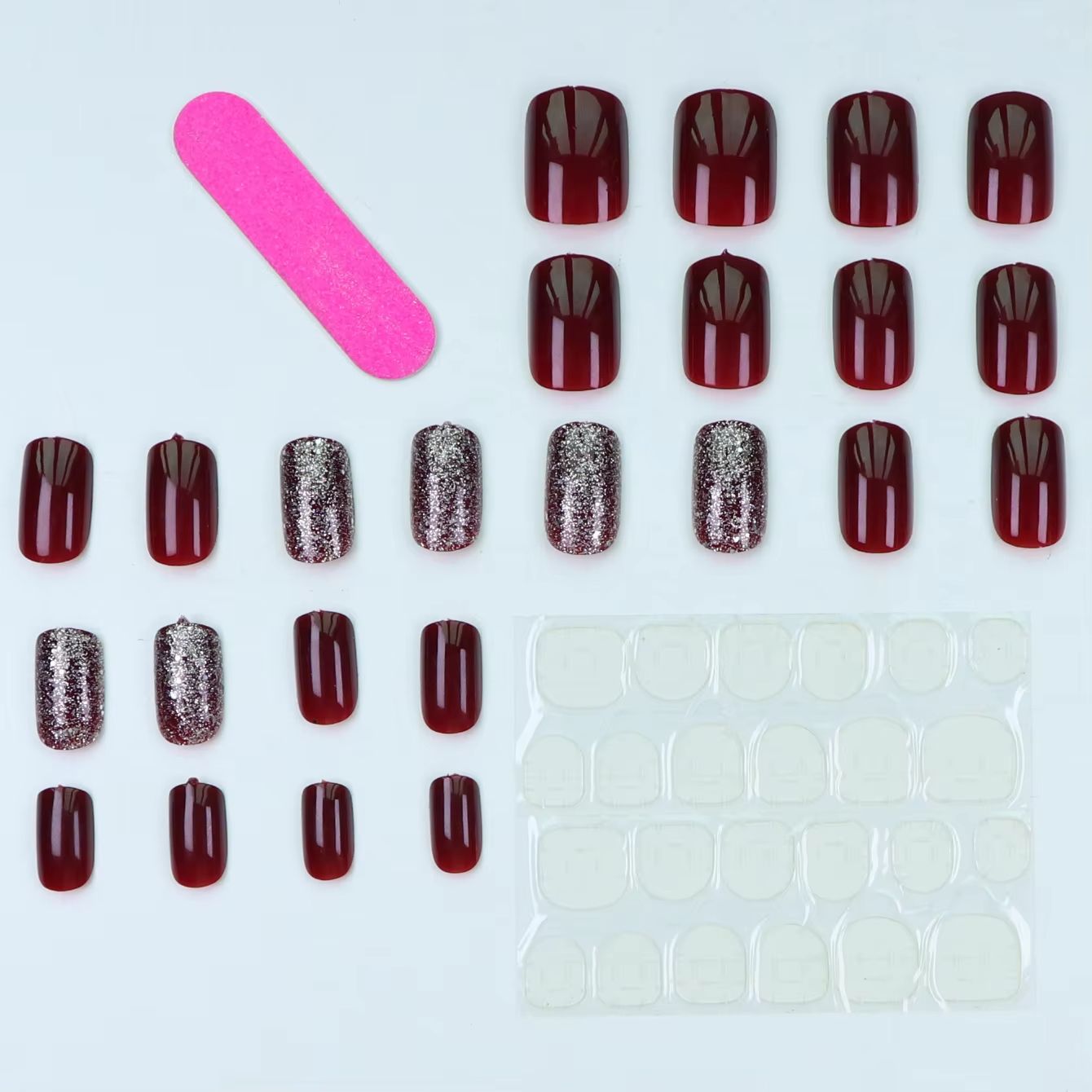 24PCS- wine red square fake nails, silver glitter inlay, exquisite elegance, fashion generous, suitable for dating, dinner