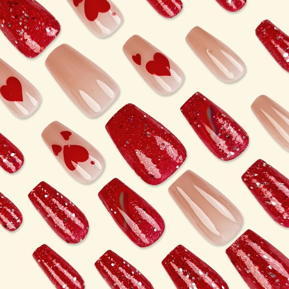 24pcs/set Medium long square fake nails for women girls cute heart flowers feather butterfly design press on false nail art tips view 6
