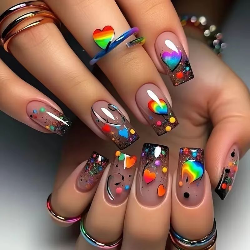 24pcs/set Medium long square fake nails for women girls cute heart flowers feather butterfly design press on false nail art tips view 3