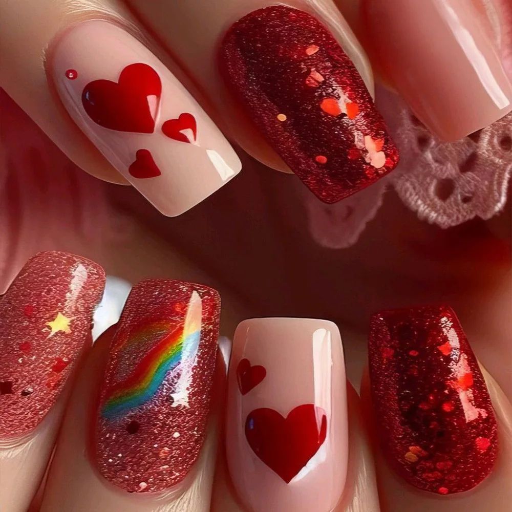 24pcs/set Medium long square fake nails for women girls cute heart flowers feather butterfly design press on false nail art tips view 4