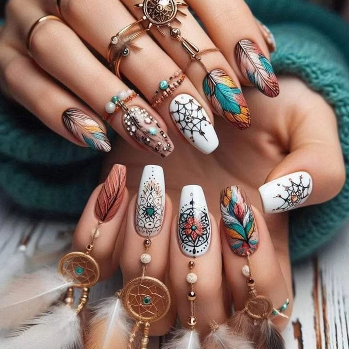 24pcs/set Medium long square fake nails for women girls cute heart flowers feather butterfly design press on false nail art tips view 2