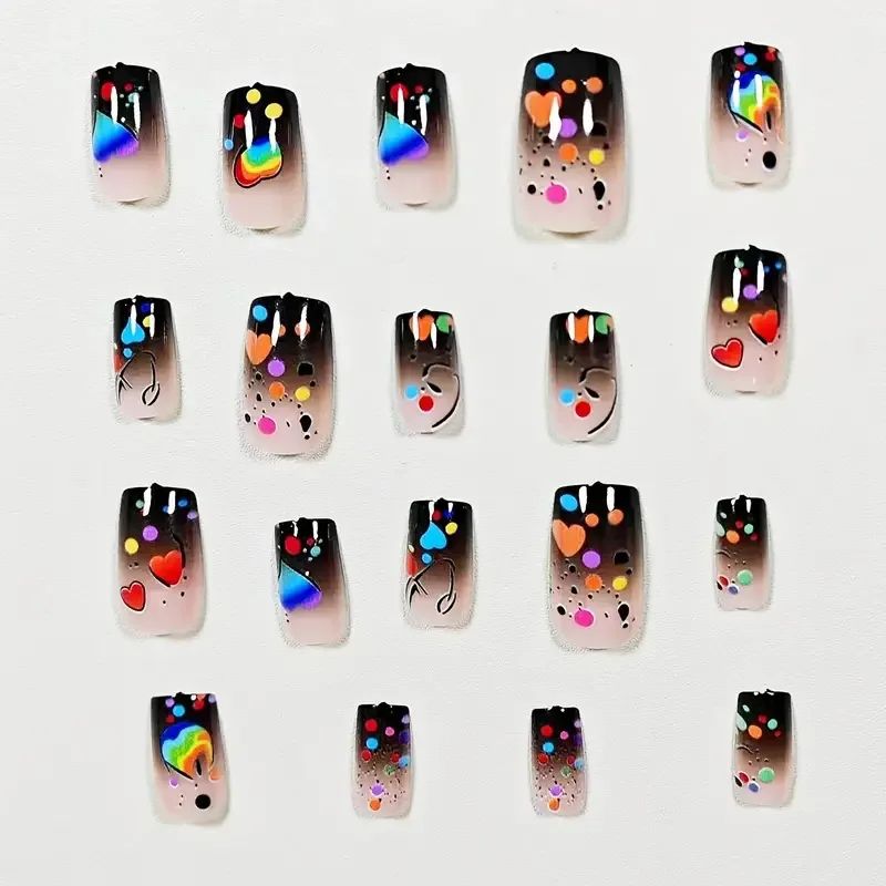 24pcs/set Medium long square fake nails for women girls cute heart flowers feather butterfly design press on false nail art tips view 5
