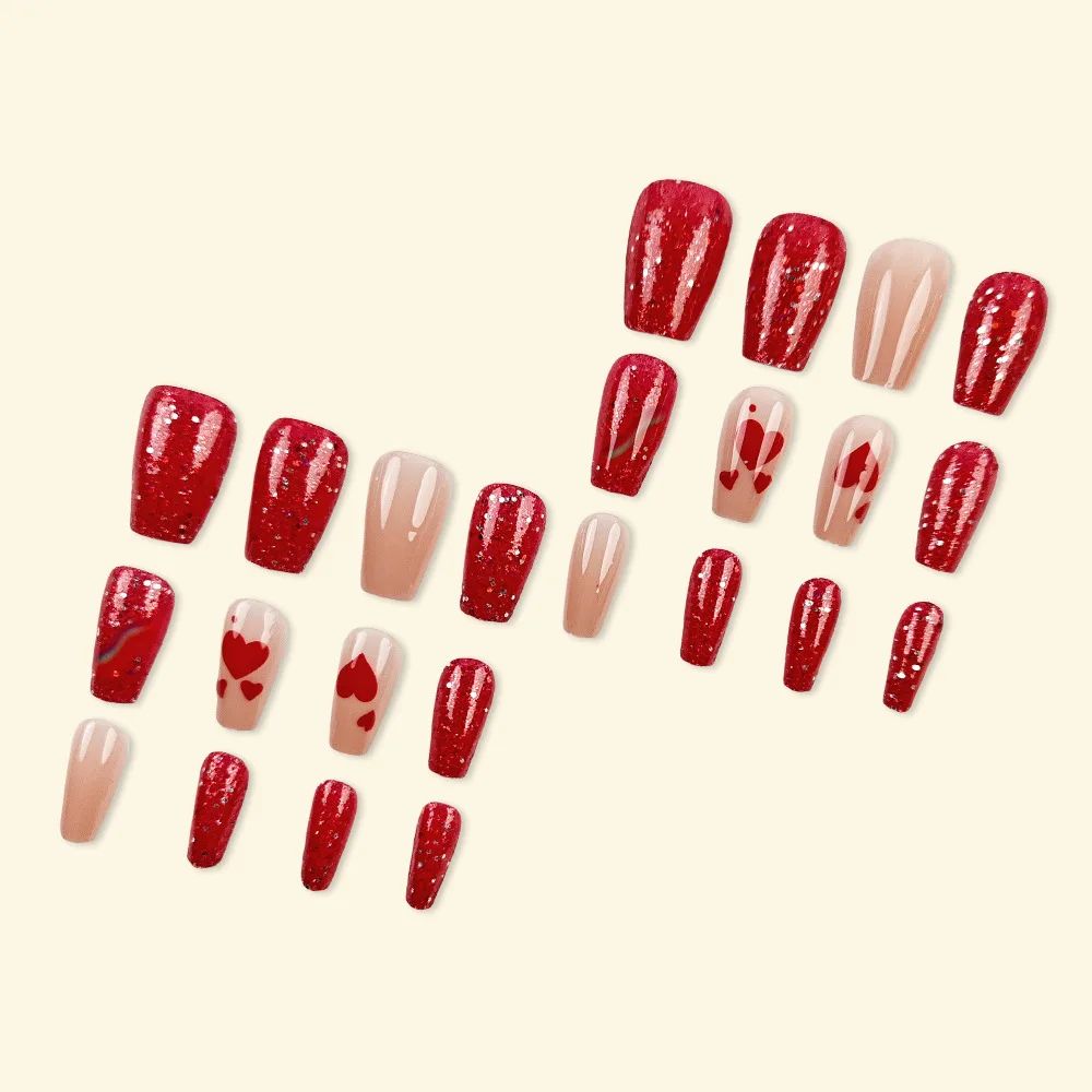 24pcs/set Medium long square fake nails for women girls cute heart flowers feather butterfly design press on false nail art tips view 10