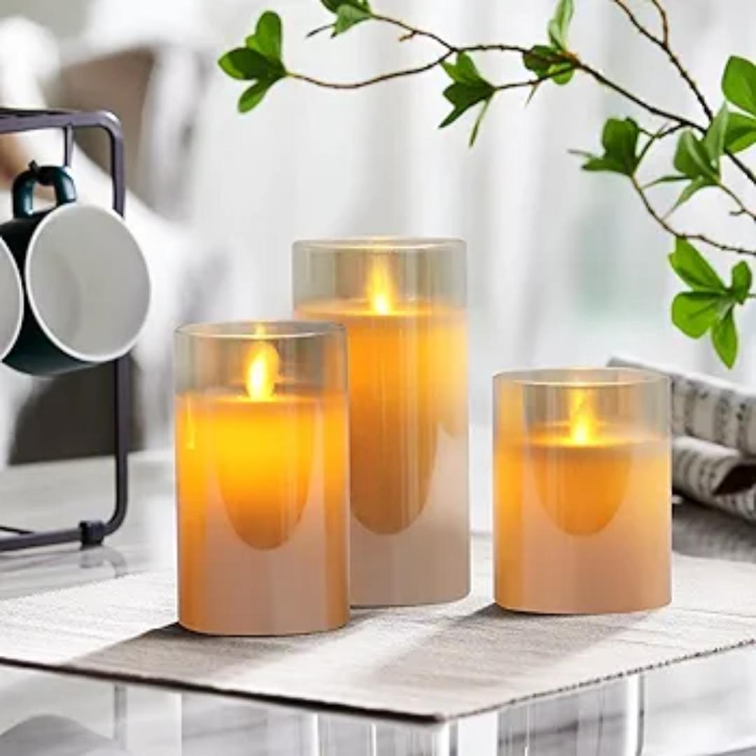 Amber Flickering Flameless Candle, Realistic LED Candles with Remote Timers, Warm Light Candles for Birthday Party Wedding Festival Home Decoration, D3 x H4 5" 6" Pack of 3 Real Wax Wick 1