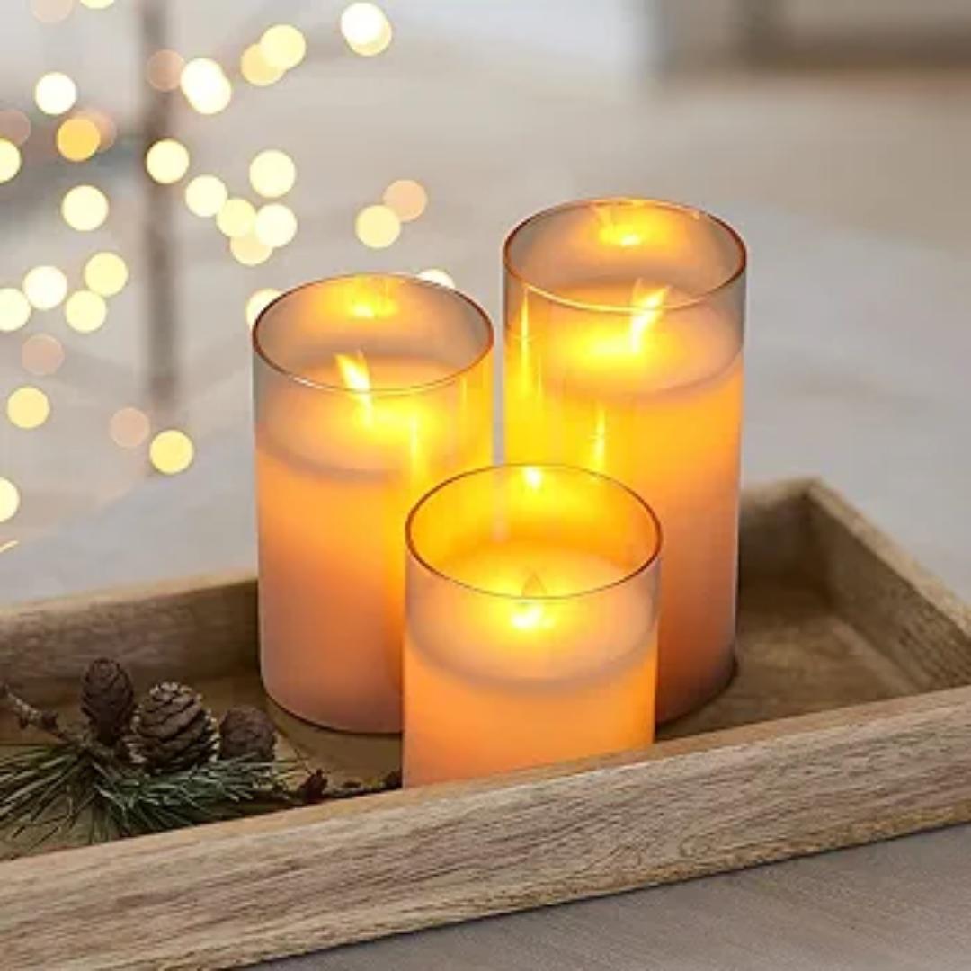 Amber Flickering Flameless Candle, Realistic LED Candles with Remote Timers, Warm Light Candles for Birthday Party Wedding Festival Home Decoration, D3 x H4 5" 6" Pack of 3 Real Wax Wick 1
