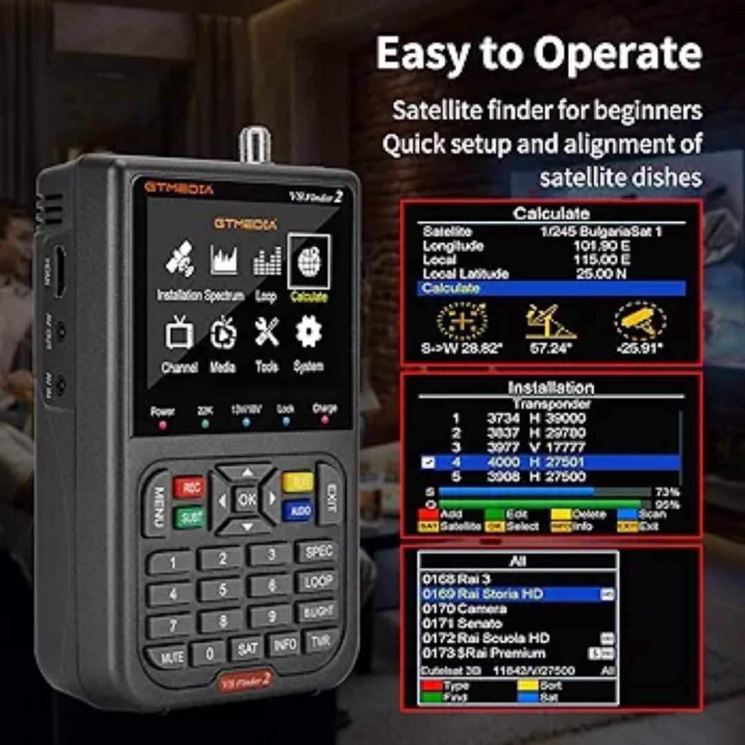 GT Media V8 Finder2 Satellite Finder Digital FTA DVB-S/S2/S2X Signal Measuring Meter Detector Receiver LCD Screen for Adjusting Sat TV Dish with Backpack