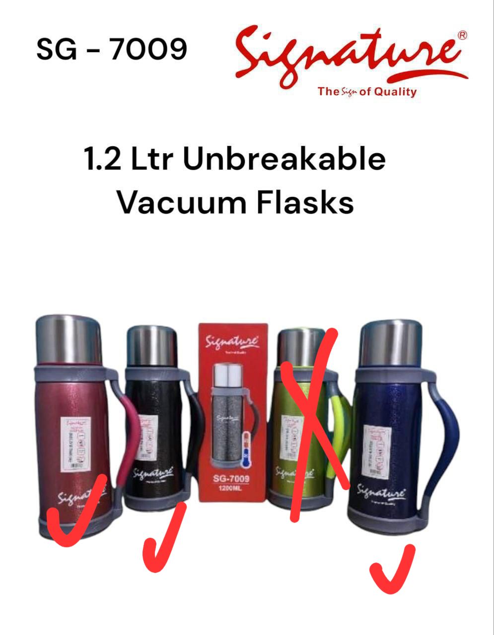 VACUUM FLASK. Signature 1.2ltr Flask, Durable steel exterior and glass interior, Stainless steel cup top and air tight rubber stopper. Keeps hot or cold for 24 hours
