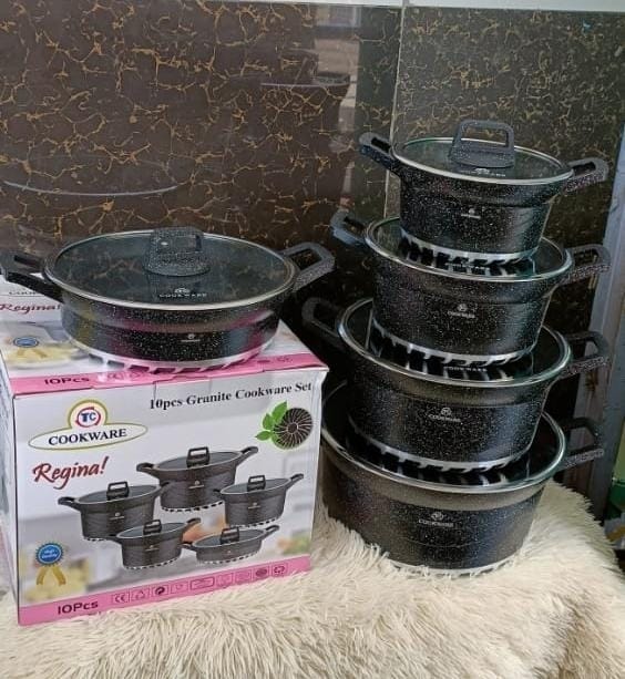 COOKWARE SET. Regina 10pcs Heavy Granite Nonstick Cooking Pots Sufuria Set, Scratch-resistant, toxin-free, and easy to clean, Designed for superior heat distribution and energy efficiency.