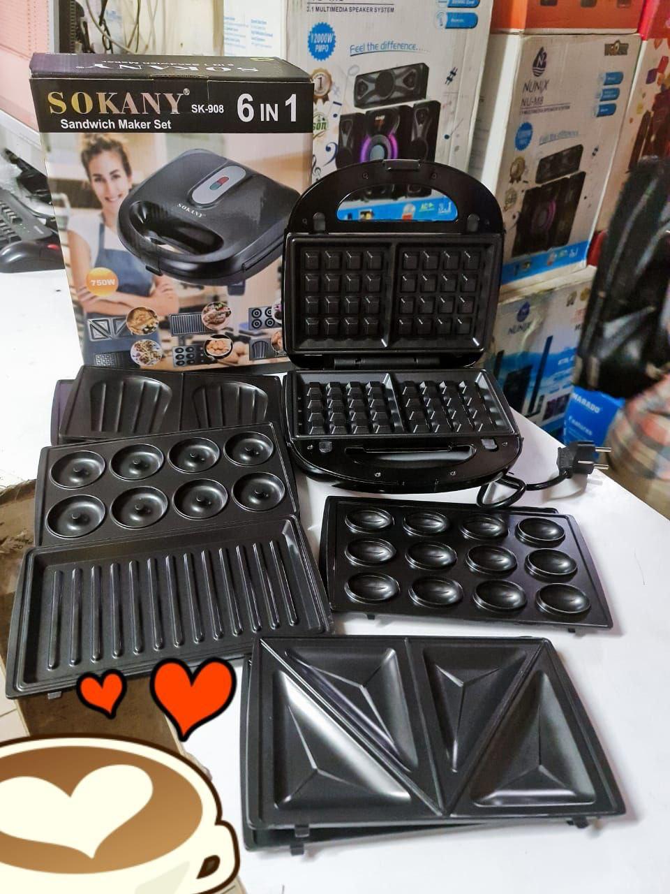 SANDWICH MAKER. Sokany 6 In 1 Sandwich Grill Doughnut Waffle Maker, Long lasting, Easy to wash, Overheat safety protection, Thermostatically controlled, Overheat safety protection