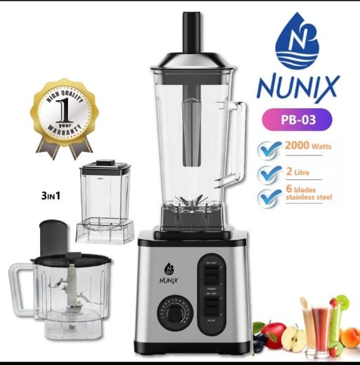 BLENDER. 2000 watts Nunix 3 in 1 commercial blender, Strong Stainless Steel Blades, Multiple Speed Settings + Pulse Function, Large Capacity Jar with Secure Lid, Heavy-Duty Build for Long-Term Use