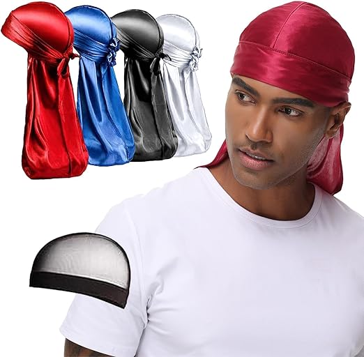 4PCS Silky Durags, Silk Durag for Men Women Waves, Silk Durag Pack with 1 Wave Cap, Silky Satin Durag Extra Long Tails(Red, Blue, Black, White)