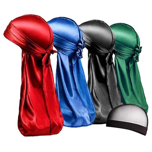 4PCS Silky Durags, Silk Durag for Men Women Waves, Silk Durag Pack with 1 Wave Cap, Silky Satin Durag Extra Long Tails