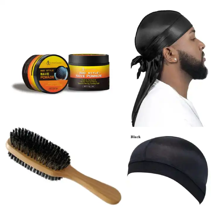 Wave Pomade for Men Strong Hold Easy Wash 360 Wave Training Hair Cream, Waves Grease for Men Promotes Layered Waves, Moisture, Control and Silky Shine Pomade Brushe Silky Durag Cap Set
