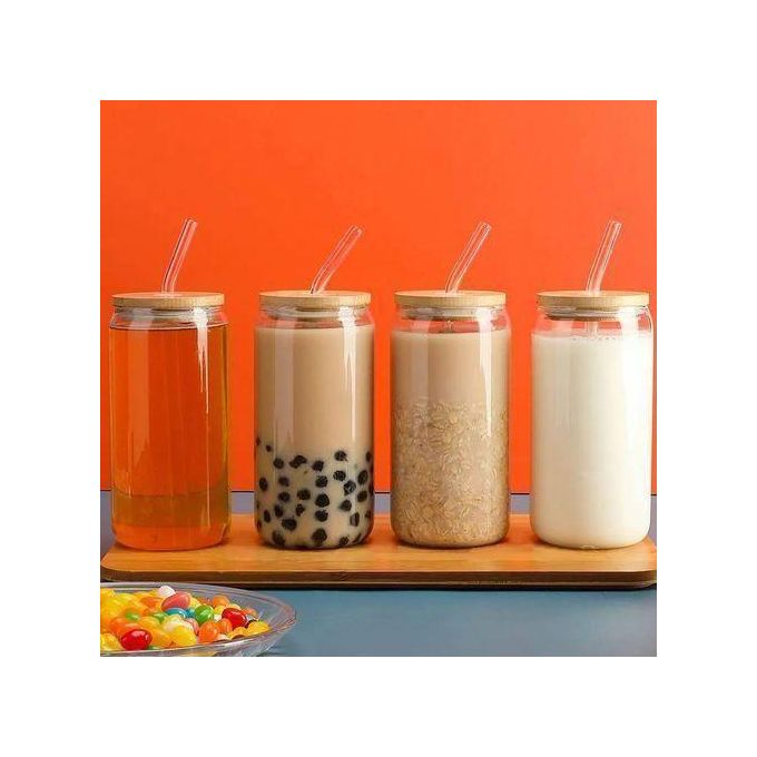 Glass Cup With Bamboo Lid and Glass Straw For Iced Coffee, Cute Tumbler Cup For Smoothies, Boba Tea, Whiskey and Water