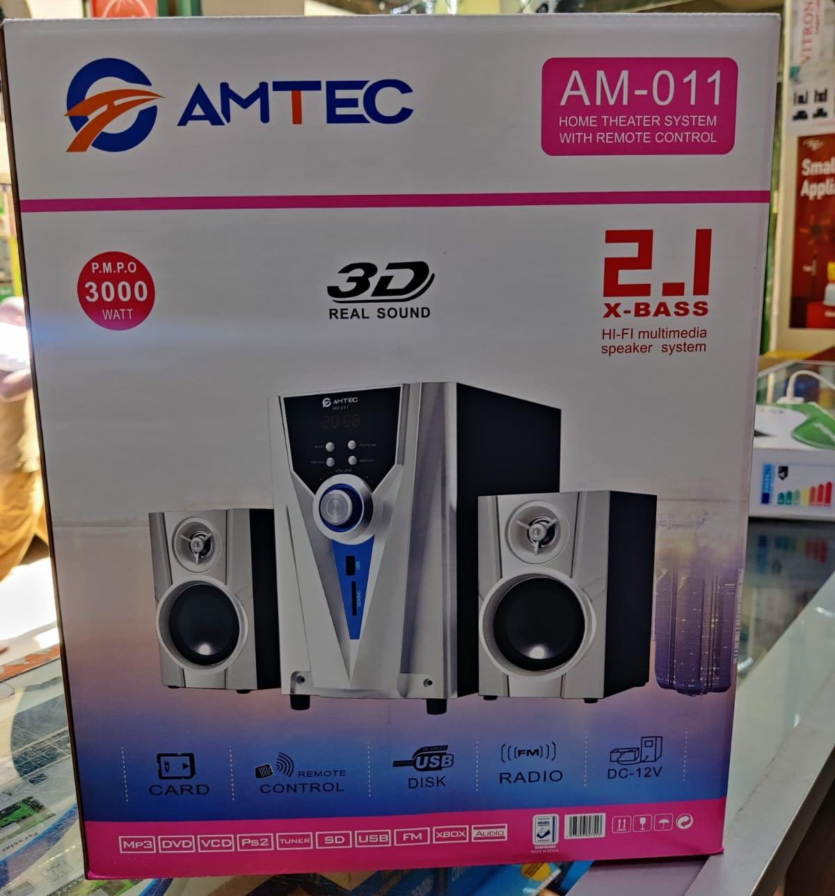 Amtec AM-011 2.1 Channel Bluetooth Home Theatre System – 3000W PMPO with Subwoofer, USB/SD Playback, FM Radio & Remote Control – Deep Bass Surround Sound for TV, Music & Gaming