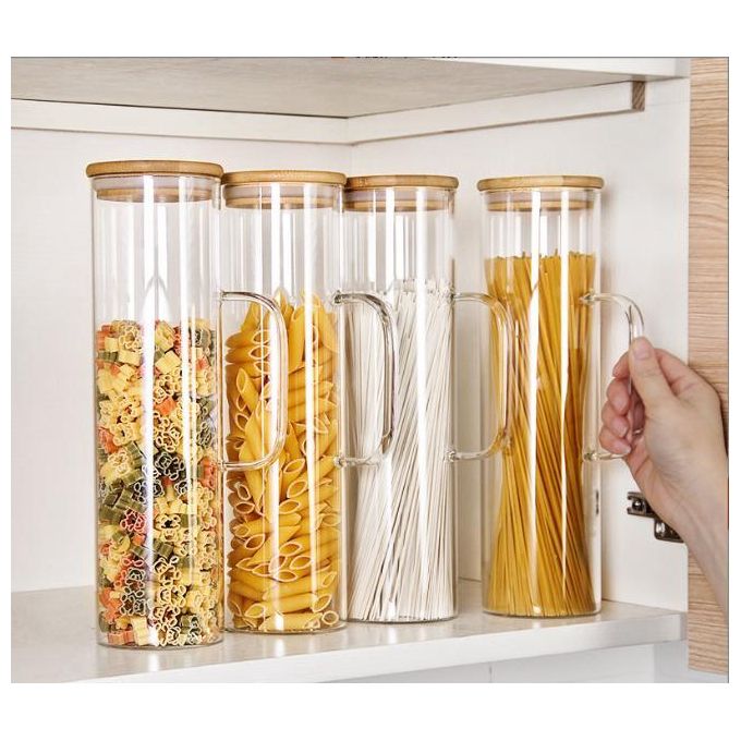Italian Pasta Noodels Storage Jar 1500ml Round Glass Storage Jars Bamboo Cover, Sealed Glass Bottle, Kitchen Seasoning Tank