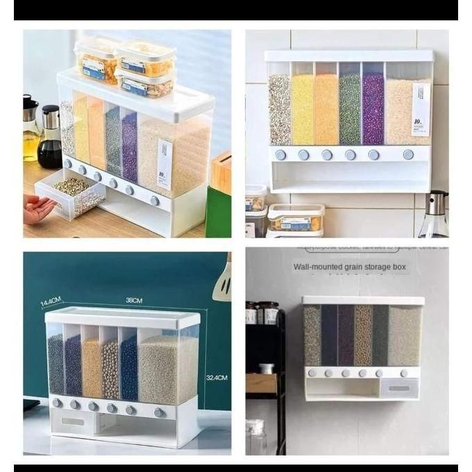 10kgs 6-Partitions Multifunctional Cereal/rice Dispenser 6 Compartments Comes With Measuring Cup And Adhesive Sticker For Sticking On Wall Capacity 10kgsCereal Dispenser