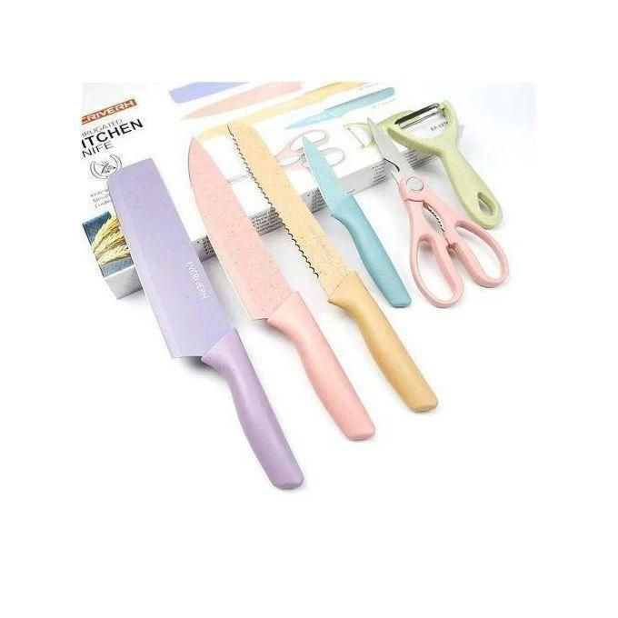 Macaroon Colourful Straw Six Piece Knife Set Home Kitchen Vegetable Knife Meat Cutting Stainless Steel Gift Box Knife Set