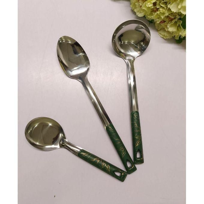 Stainless steel silver serving spoon with elegant green and black marble-like handle, durable, rust-resistant, perfect for everyday dining, parties, and special occasions, stylish kitchen essential.