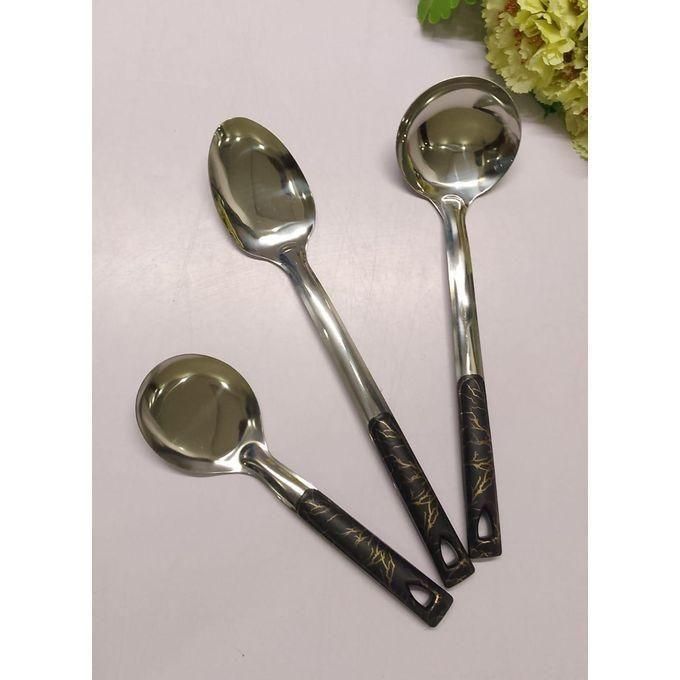 Stainless steel silver serving spoon with elegant green and black marble-like handle, durable, rust-resistant, perfect for everyday dining, parties, and special occasions, stylish kitchen essential.