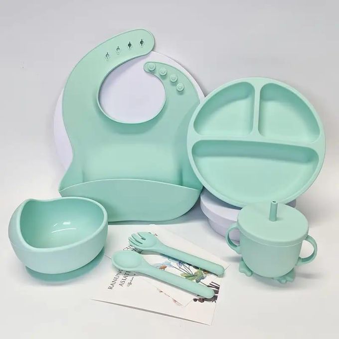 6PCS Silicone Baby Feeding Set Baby Led Weaning Supplies Includes Suction Bowls and Divided Plates Adjustable Bib Baby Utensils Spoons and Forks Cup Baby Feeding Essentials