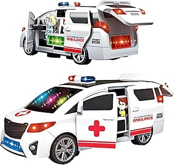 [🟢 NEW OFFER 🟢 - ] 1Pc Brand New Very Quality Rotating Ambulance Toy Car Electric Door Open with Light Music Universal Wheel Ambulance Toy Car at Affordable Price
