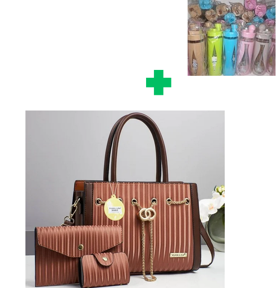 [ GRAB IT AT LOW PRICE+ ADDED OFFERS 🤩🤩✨ !!! ] 3 in 1 Brand New High Quality Stylish and Luxurious Comfortable Ladies Handbag.. That Comes With a Free Water Bottle ( Random Color) ✔👌