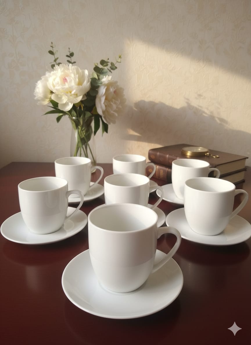 💰 LOW PRICE OFFER 💰 6PC White Ceramic Cup & Saucer 270ml Set 4"x4.5"x3" Modern Round Design Microwave & Dishwasher Safe