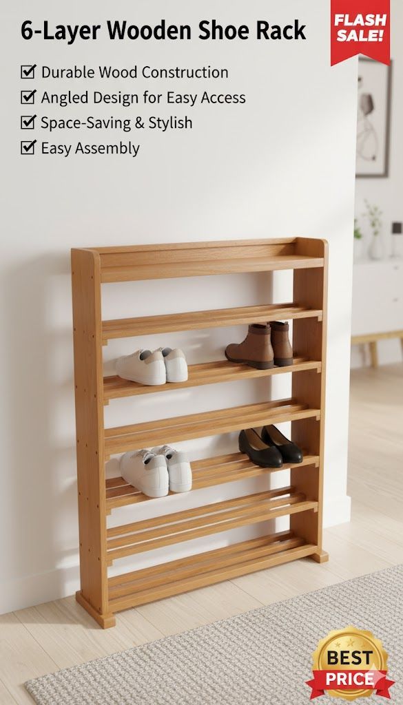 Wooden Classic Strong Shoe Rack with 6 Layers | Durable Shoe Organizer Stand for Home Entryway