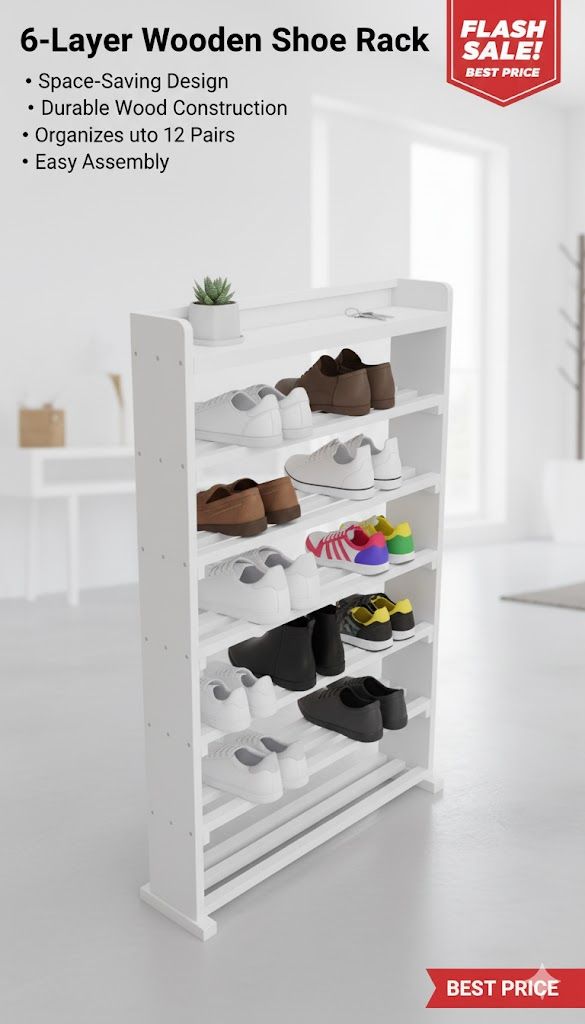Wooden Classic Strong Shoe Rack with 6 Layers | Durable Shoe Organizer Stand for Home Entryway