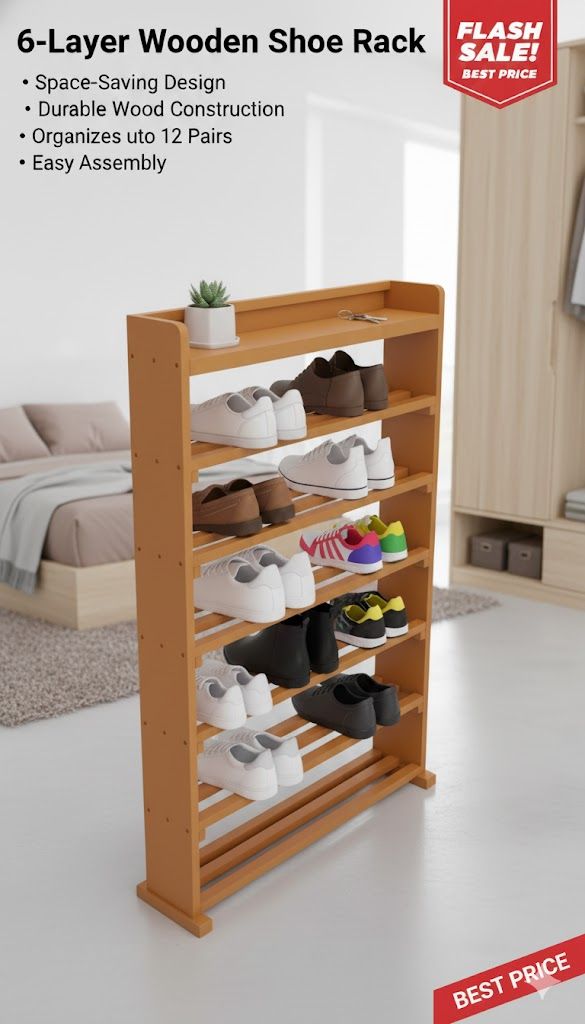 (Offer price 6 layers) Wooden Shoe Rack Economical Shoe Shelf Simple Shoe Cabinet Multi-layer Assembly Door Dormitory Organizer Shoe Storage Rack as picture.